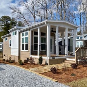 Alt Tag: Exterior of a tiny home at Simple Life: The Hamlet in Flat Rock, NC – a charming and efficient living space for a simplified retirement lifestyle