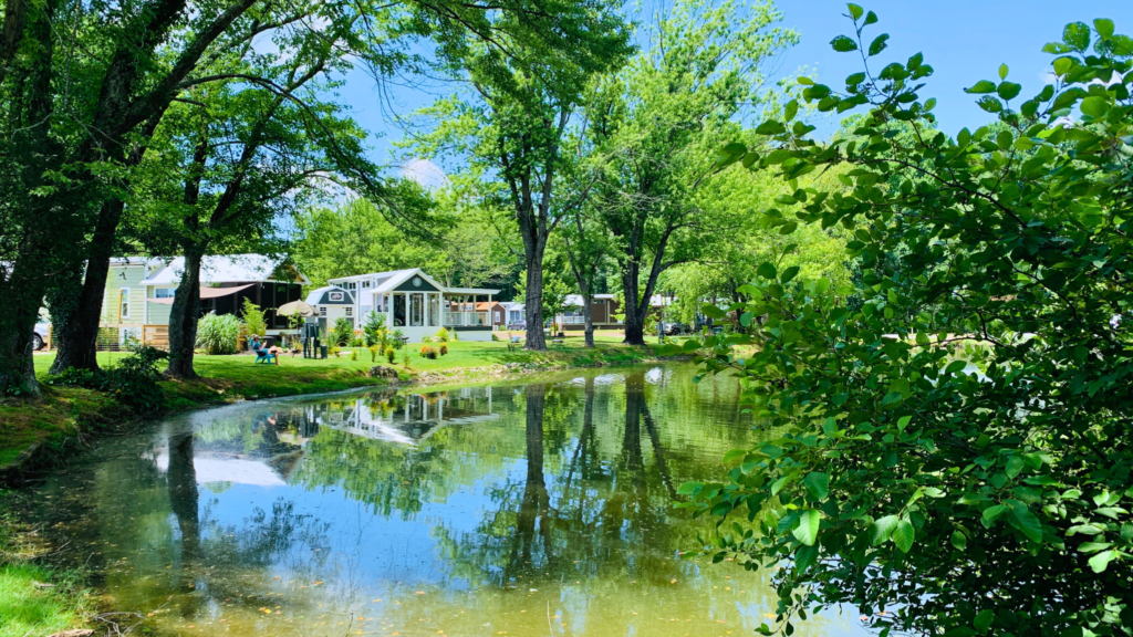 Alt Tag: Scenic pond with homes in the background at Simple Life: The Hamlet in Flat Rock, NC – a peaceful setting for retirement living
