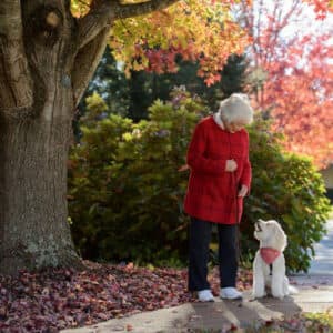 An elderly woman in a red coat stands by her fluffy white dog, wearing a pink bandana, under an autumn tree. The sidewalk is blanketed with leaves and the street, lined with colorful trees, paints a picturesque scene at Deerfield Episcopal Retirement Community.