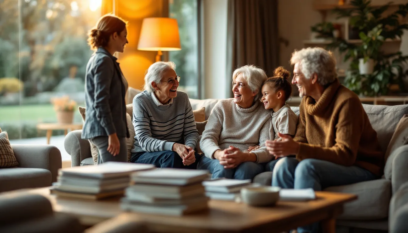 Choosing the right retirement community, depicting a family discussing options with a senior.