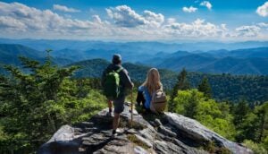 Active Adults hikers looking out over the Blue Ridge Mountains.
