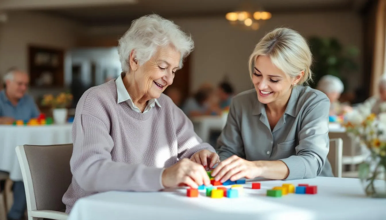An elderly person with dementia is happily engaging in structured activities alongside a trained caregiver in their own home, showcasing the importance of home care services for older adults. This supportive environment fosters independence and dignity, allowing seniors to thrive with the little help they need from compassionate caregivers.