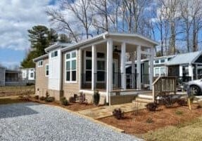 Alt Tag: Exterior of a tiny home at Simple Life: The Hamlet in Flat Rock, NC – a charming and efficient living space for a simplified retirement lifestyle